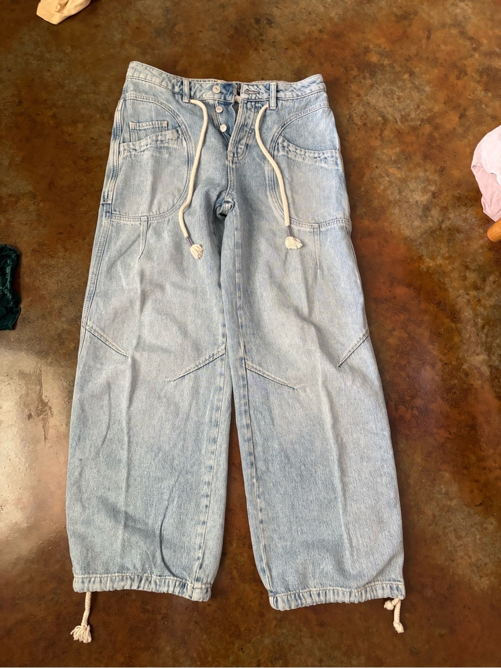 Free People Light Blue Washed Denim Cargo Jeans
